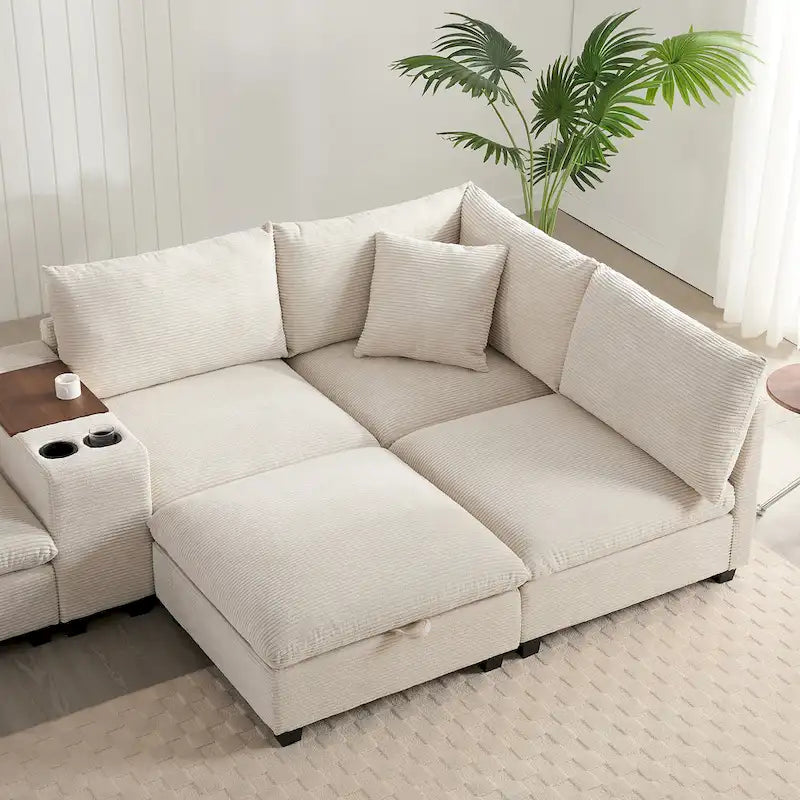 140 Cord-U-förmiges modulares Ecksofa mit Stauraum-Ottomane und Konsole, USB-Ladegerät, Getränkehaltern und 76 cm breiten Sitzen