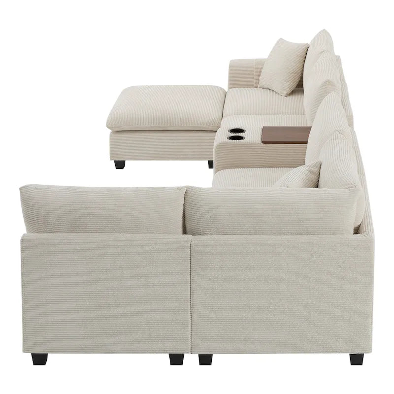 140 Cord-U-förmiges modulares Ecksofa mit Stauraum-Ottomane und Konsole, USB-Ladegerät, Getränkehaltern und 76 cm breiten Sitzen