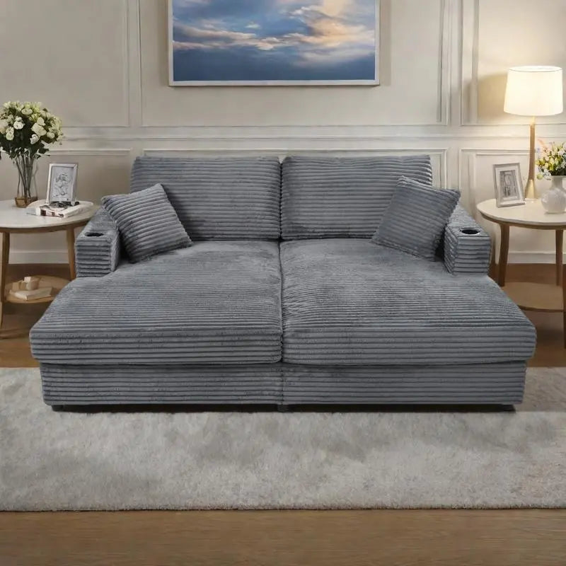86,5 Corduroy Récamiere Schlafsofa mit USB-Anschlüssen, Getränkehaltern und 8 dicken Kissen
