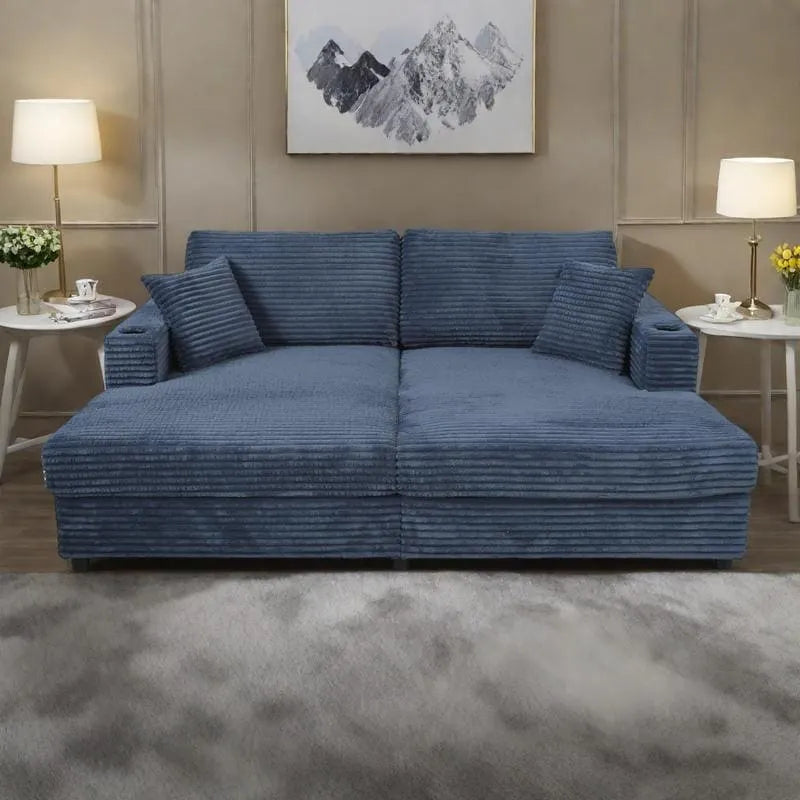 86,5 Corduroy Récamiere Schlafsofa mit USB-Anschlüssen, Getränkehaltern und 8 dicken Kissen