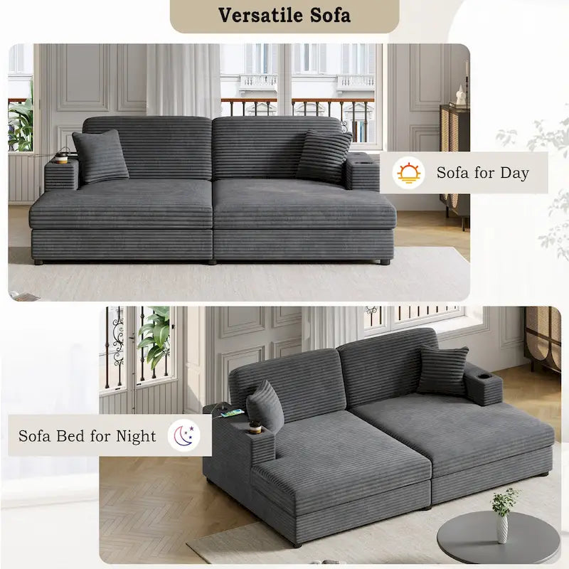 86,5 Corduroy Récamiere Schlafsofa mit USB-Anschlüssen, Getränkehaltern und 8 dicken Kissen