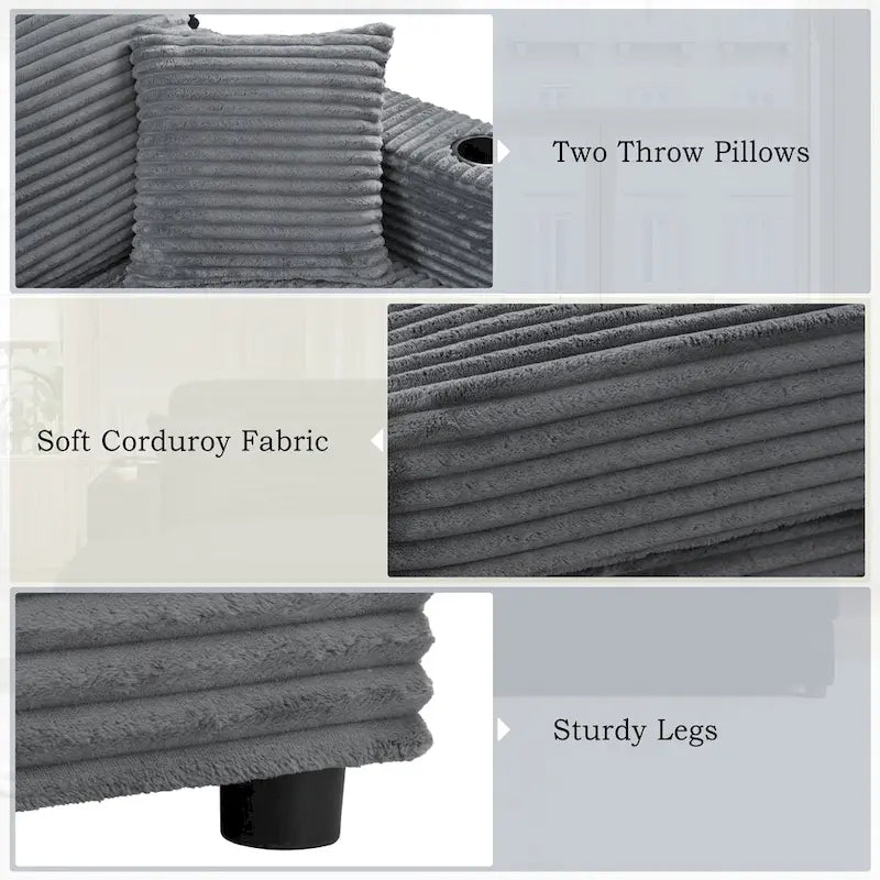 86,5 Corduroy Récamiere Schlafsofa mit USB-Anschlüssen, Getränkehaltern und 8 dicken Kissen