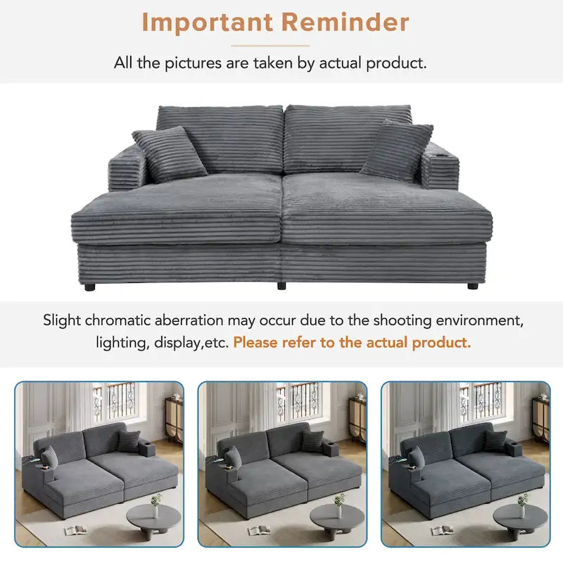 86,5 Corduroy Récamiere Schlafsofa mit USB-Anschlüssen, Getränkehaltern und 8 dicken Kissen