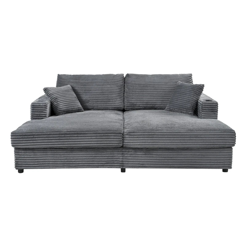 86,5 Corduroy Récamiere Schlafsofa mit USB-Anschlüssen, Getränkehaltern und 8 dicken Kissen