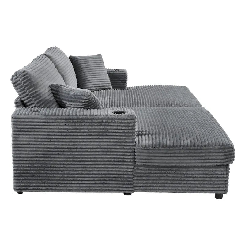 86,5 Corduroy Récamiere Schlafsofa mit USB-Anschlüssen, Getränkehaltern und 8 dicken Kissen
