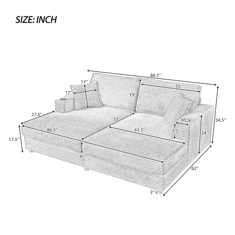 86,5 Corduroy Récamiere Schlafsofa mit USB-Anschlüssen, Getränkehaltern und 8 dicken Kissen