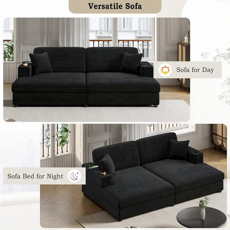 86,5 Corduroy Récamiere Schlafsofa mit USB-Anschlüssen, Getränkehaltern und 8 dicken Kissen