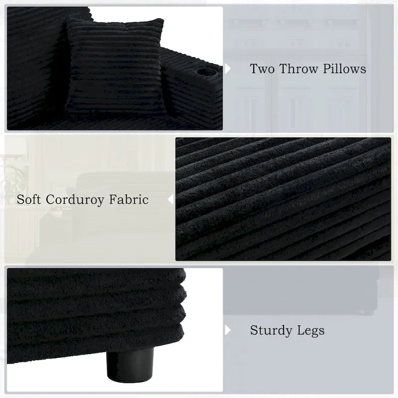 86,5 Corduroy Récamiere Schlafsofa mit USB-Anschlüssen, Getränkehaltern und 8 dicken Kissen