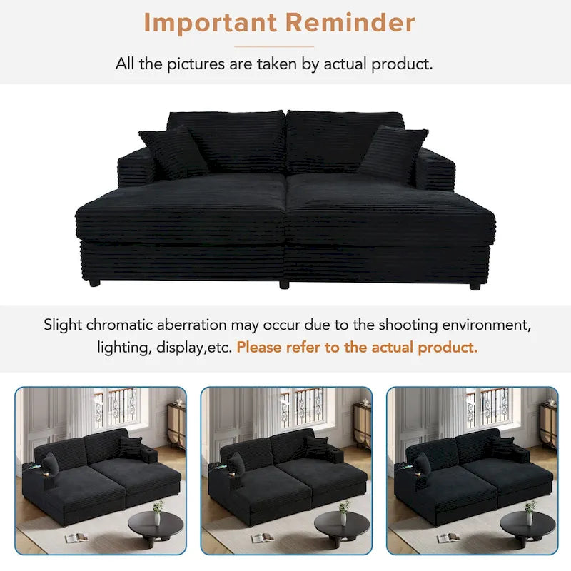86,5 Corduroy Récamiere Schlafsofa mit USB-Anschlüssen, Getränkehaltern und 8 dicken Kissen