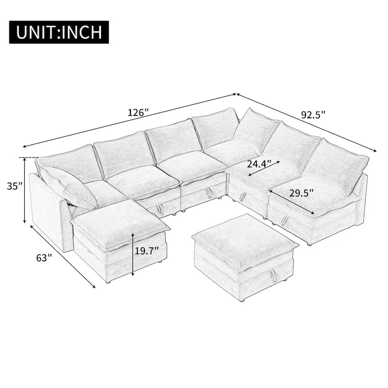 126 Polyester 8-teiliges modulares Schlafsofa mit Stauraum, doppelstöckigen Kunstlederkissen und anpassbarer Konfiguration