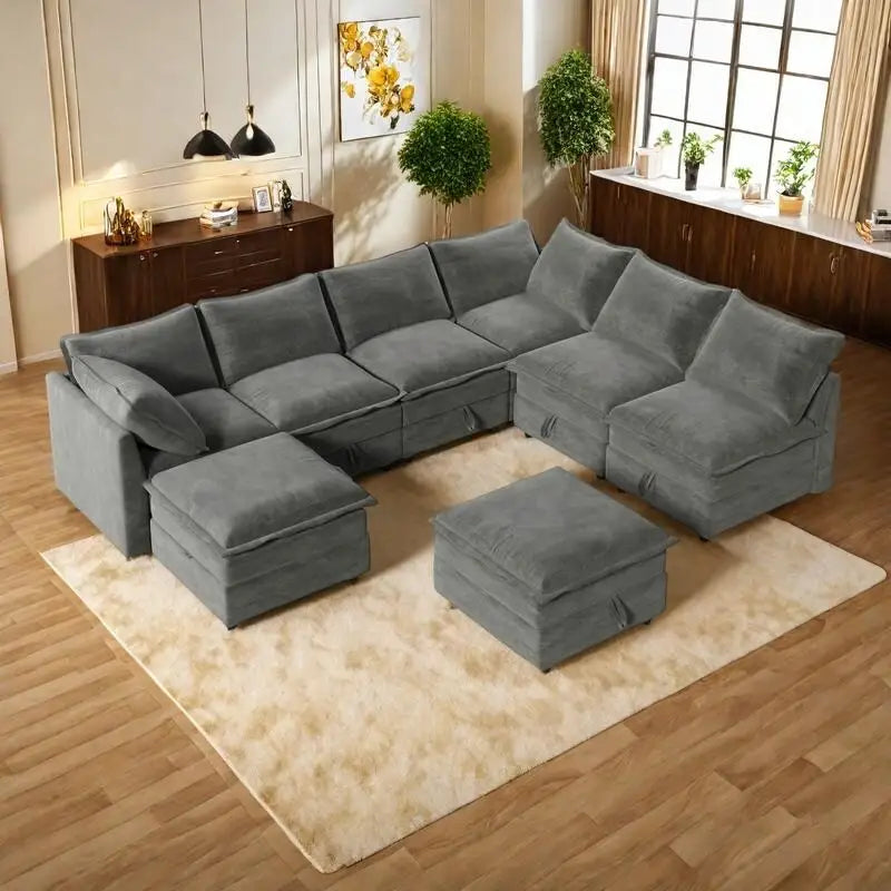 126 Polyester 8-teiliges modulares Schlafsofa mit Stauraum, doppelstöckigen Kunstlederkissen und anpassbarer Konfiguration