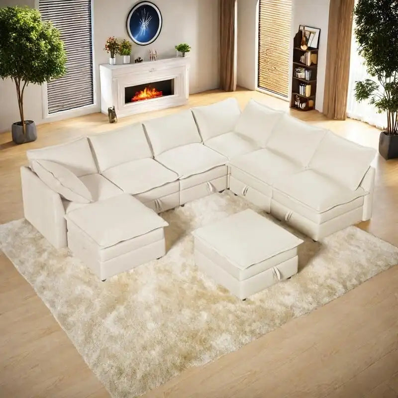 126 Polyester 8-teiliges modulares Schlafsofa mit Stauraum, doppelstöckigen Kunstlederkissen und anpassbarer Konfiguration