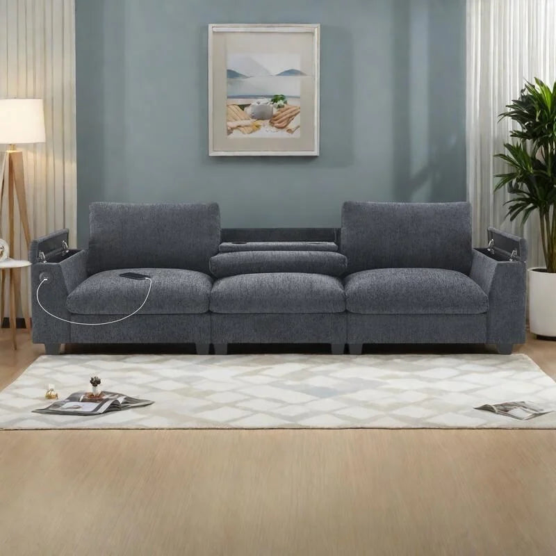 96 Chenille Smart Sektionssofa mit Bluetooth-Lautsprecher, herunterklappbarem Tisch und USB-Ladegerät und 3-Sitzer Cloud-Sofa