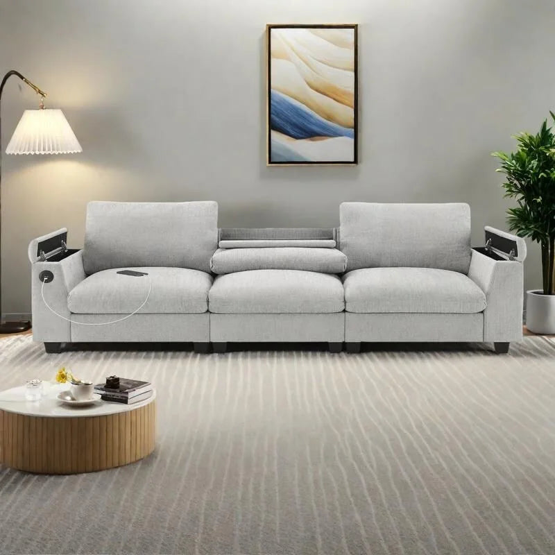 96 Chenille Smart Sektionssofa mit Bluetooth-Lautsprecher, herunterklappbarem Tisch und USB-Ladegerät und 3-Sitzer Cloud-Sofa