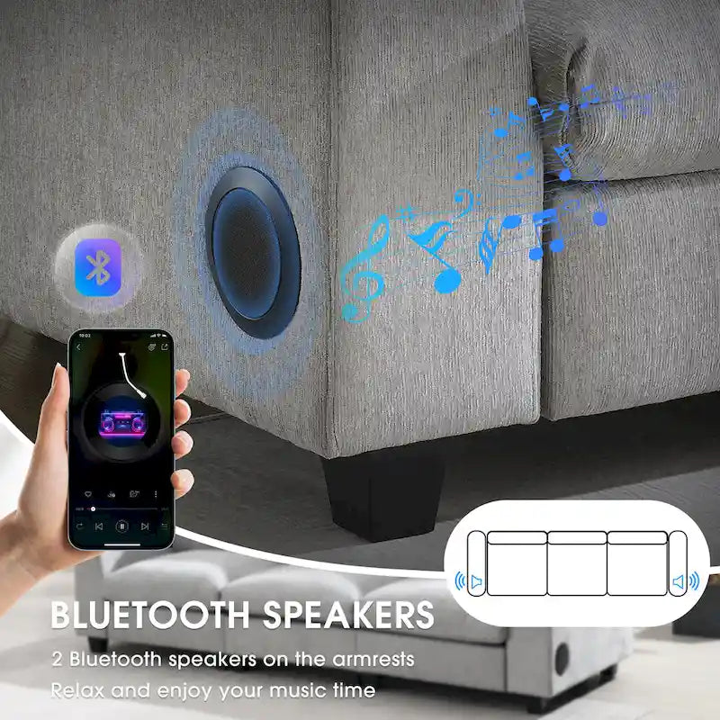 96 Chenille Smart Sektionssofa mit Bluetooth-Lautsprecher, herunterklappbarem Tisch und USB-Ladegerät und 3-Sitzer Cloud-Sofa