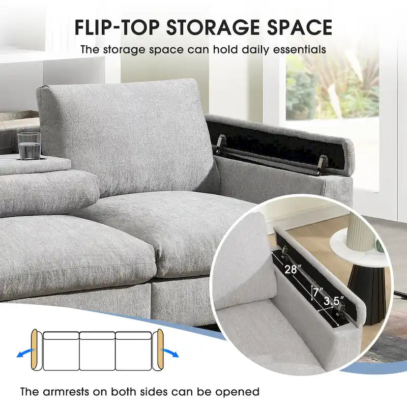 96 Chenille Smart Sektionssofa mit Bluetooth-Lautsprecher, herunterklappbarem Tisch und USB-Ladegerät und 3-Sitzer Cloud-Sofa