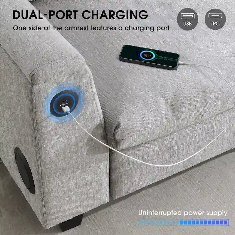 96 Chenille Smart Sektionssofa mit Bluetooth-Lautsprecher, herunterklappbarem Tisch und USB-Ladegerät und 3-Sitzer Cloud-Sofa