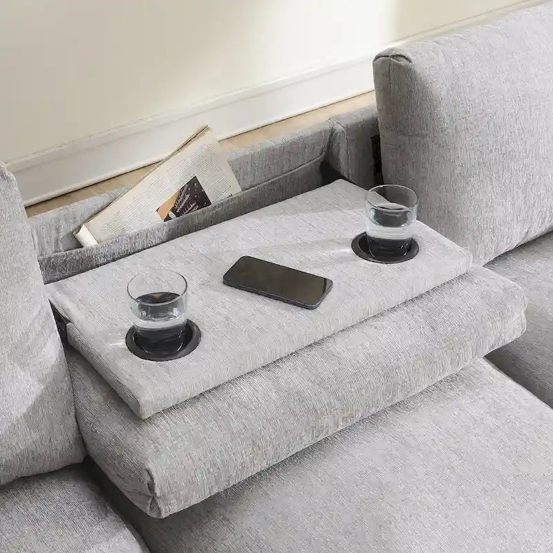 96 Chenille Smart Sektionssofa mit Bluetooth-Lautsprecher, herunterklappbarem Tisch und USB-Ladegerät und 3-Sitzer Cloud-Sofa