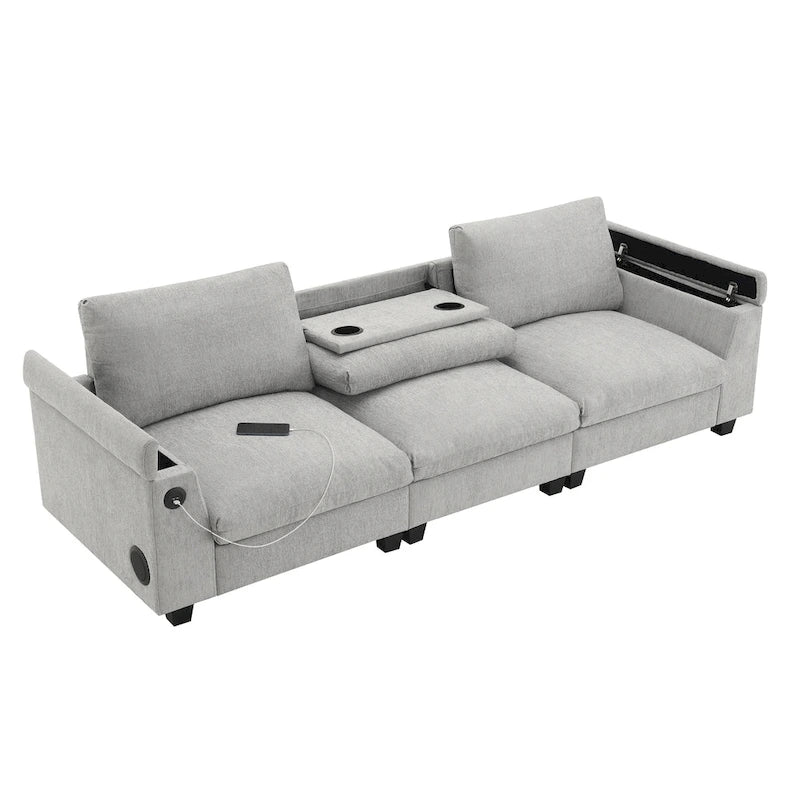 96 Chenille Smart Sektionssofa mit Bluetooth-Lautsprecher, herunterklappbarem Tisch und USB-Ladegerät und 3-Sitzer Cloud-Sofa