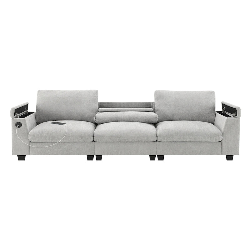 96 Chenille Smart Sektionssofa mit Bluetooth-Lautsprecher, herunterklappbarem Tisch und USB-Ladegerät und 3-Sitzer Cloud-Sofa