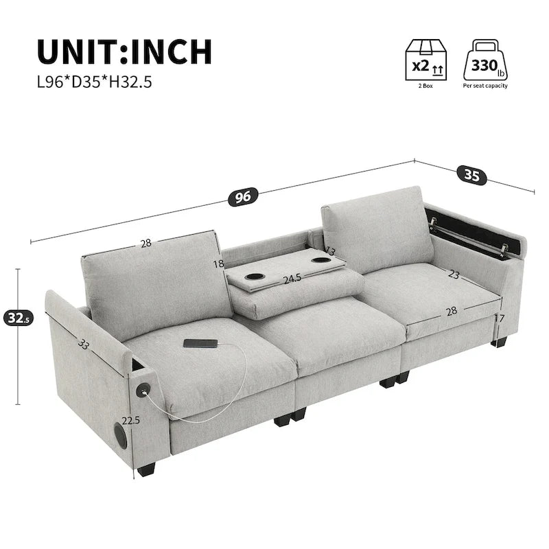 96 Chenille Smart Sektionssofa mit Bluetooth-Lautsprecher, herunterklappbarem Tisch und USB-Ladegerät und 3-Sitzer Cloud-Sofa