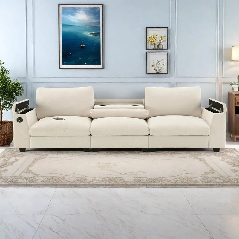 96 Chenille Smart Sektionssofa mit Bluetooth-Lautsprecher, herunterklappbarem Tisch und USB-Ladegerät und 3-Sitzer Cloud-Sofa