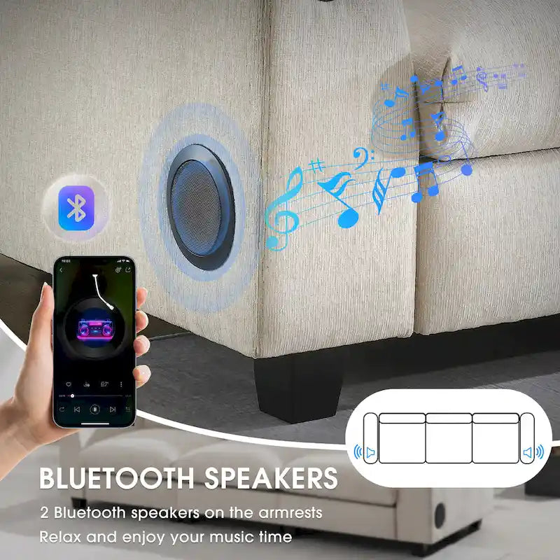 96 Chenille Smart Sektionssofa mit Bluetooth-Lautsprecher, herunterklappbarem Tisch und USB-Ladegerät und 3-Sitzer Cloud-Sofa