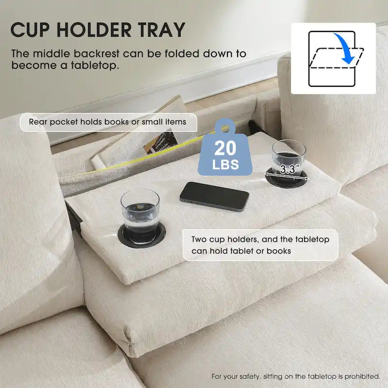 96 Chenille Smart Sektionssofa mit Bluetooth-Lautsprecher, herunterklappbarem Tisch und USB-Ladegerät und 3-Sitzer Cloud-Sofa