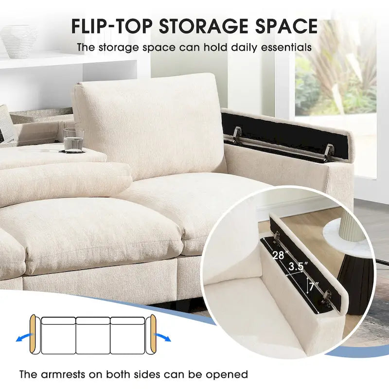 96 Chenille Smart Sektionssofa mit Bluetooth-Lautsprecher, herunterklappbarem Tisch und USB-Ladegerät und 3-Sitzer Cloud-Sofa