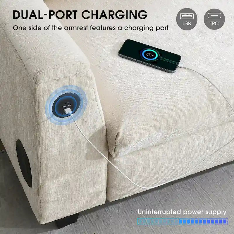 96 Chenille Smart Sektionssofa mit Bluetooth-Lautsprecher, herunterklappbarem Tisch und USB-Ladegerät und 3-Sitzer Cloud-Sofa