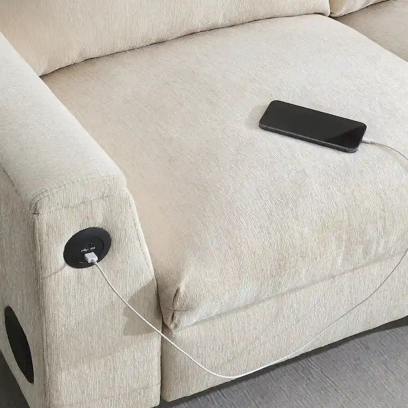96 Chenille Smart Sektionssofa mit Bluetooth-Lautsprecher, herunterklappbarem Tisch und USB-Ladegerät und 3-Sitzer Cloud-Sofa
