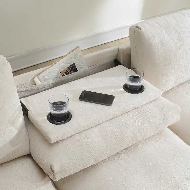 96 Chenille Smart Sektionssofa mit Bluetooth-Lautsprecher, herunterklappbarem Tisch und USB-Ladegerät und 3-Sitzer Cloud-Sofa