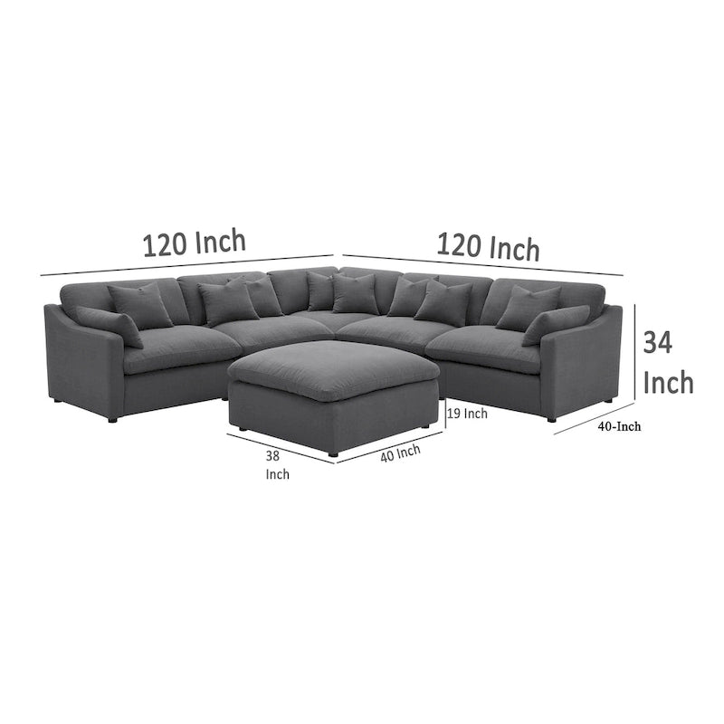 Hobo 6-teiliges Sektionssofa, anthrazitfarbener Stoff, 10 Kissen, 305 cm