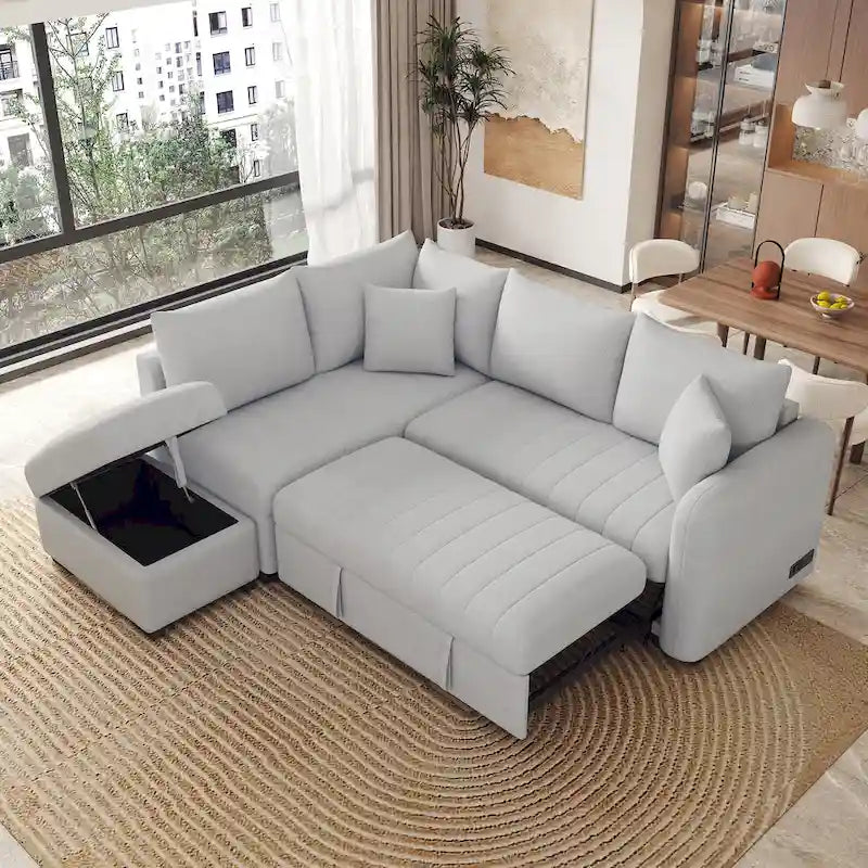 Roomfitters L-förmiges Ausziehsofa mit USB-Anschlüssen, Steckdosen und beweglichem Stauraum-Ottoman