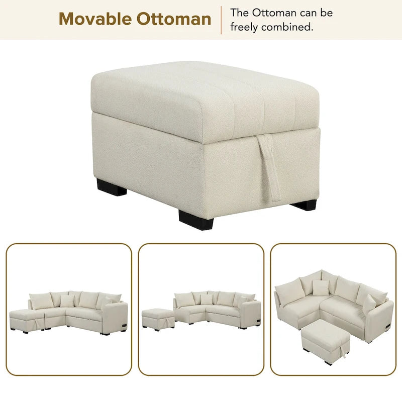 Roomfitters L-förmiges Ausziehsofa mit USB-Anschlüssen, Steckdosen und beweglichem Stauraum-Ottoman