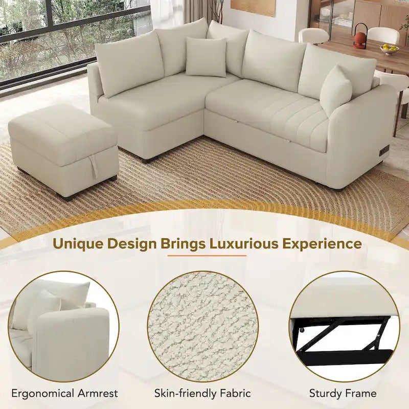 Roomfitters L-förmiges Ausziehsofa mit USB-Anschlüssen, Steckdosen und beweglichem Stauraum-Ottoman