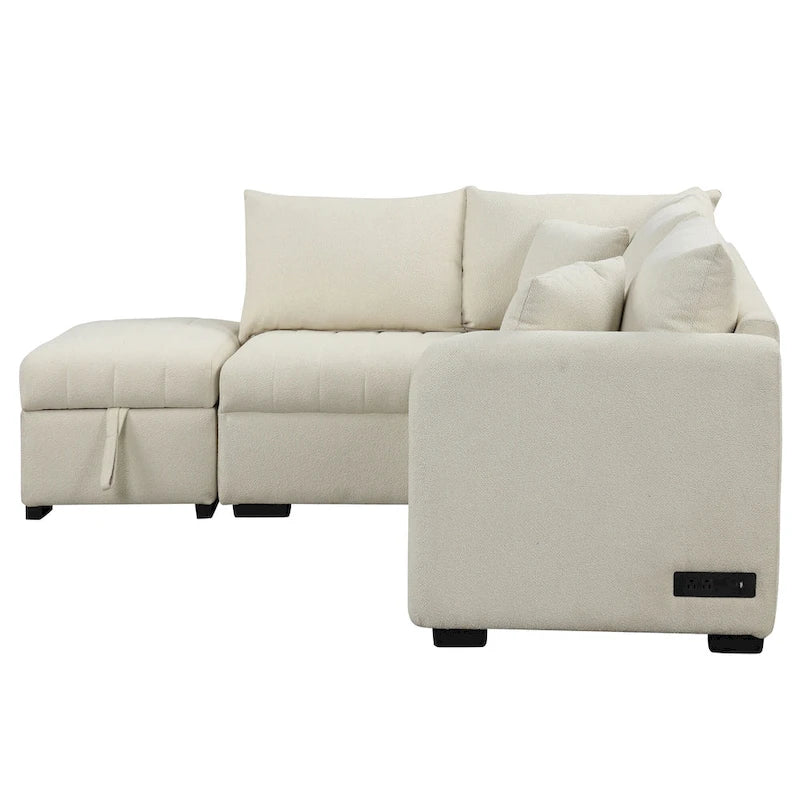 Roomfitters L-förmiges Ausziehsofa mit USB-Anschlüssen, Steckdosen und beweglichem Stauraum-Ottoman
