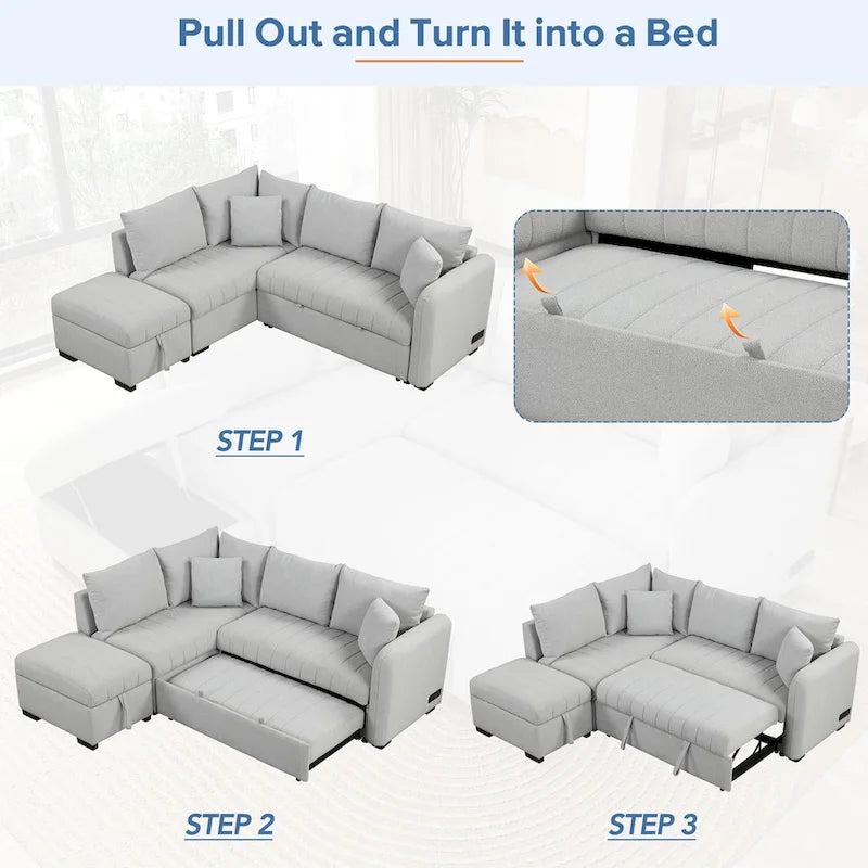 Roomfitters L-förmiges Ausziehsofa mit USB-Anschlüssen, Steckdosen und beweglichem Stauraum-Ottoman