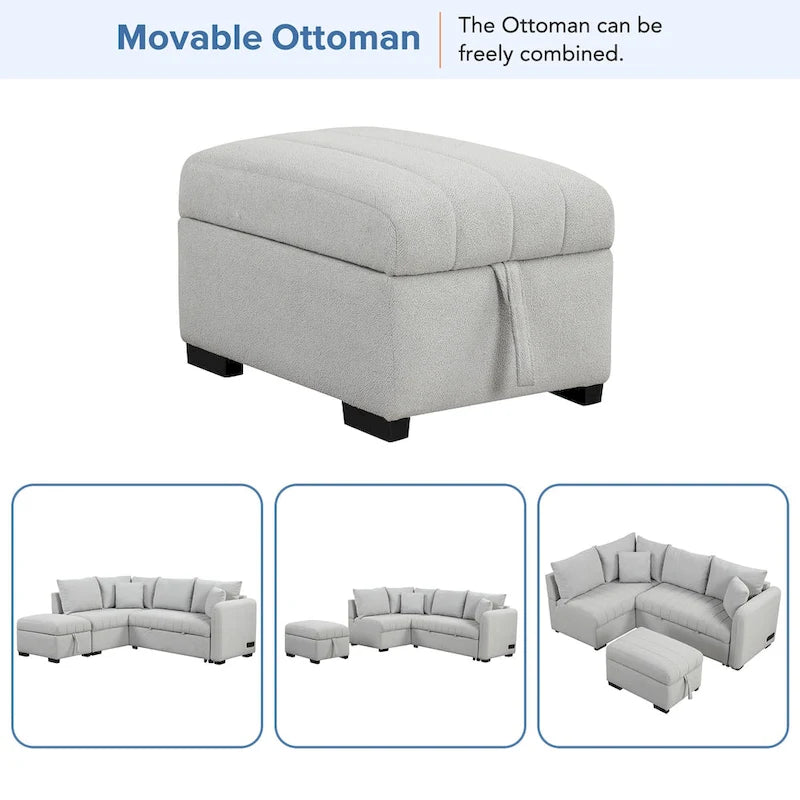 Roomfitters L-förmiges Ausziehsofa mit USB-Anschlüssen, Steckdosen und beweglichem Stauraum-Ottoman