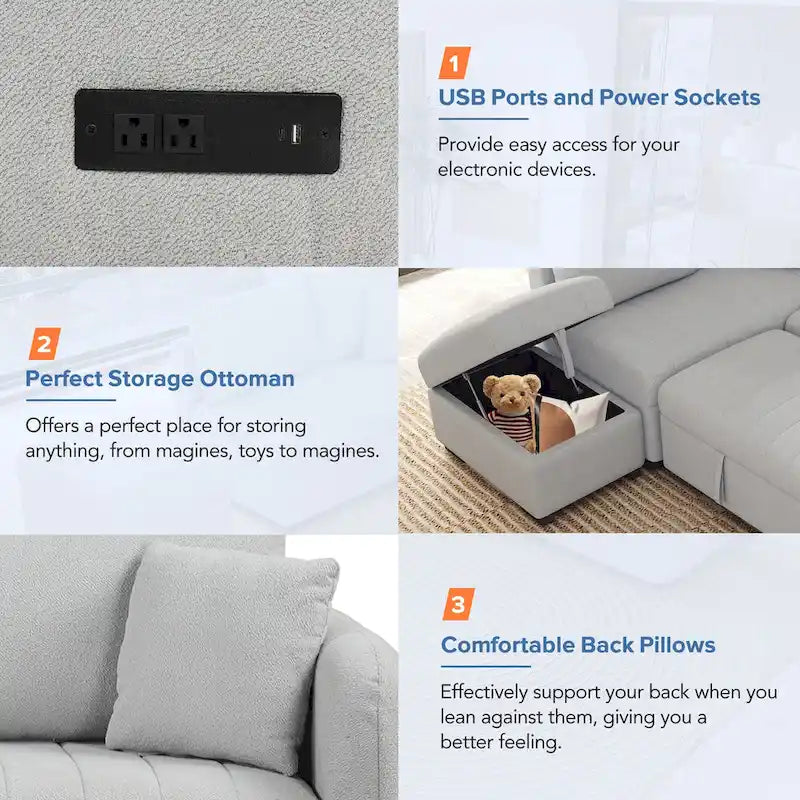 Roomfitters L-förmiges Ausziehsofa mit USB-Anschlüssen, Steckdosen und beweglichem Stauraum-Ottoman