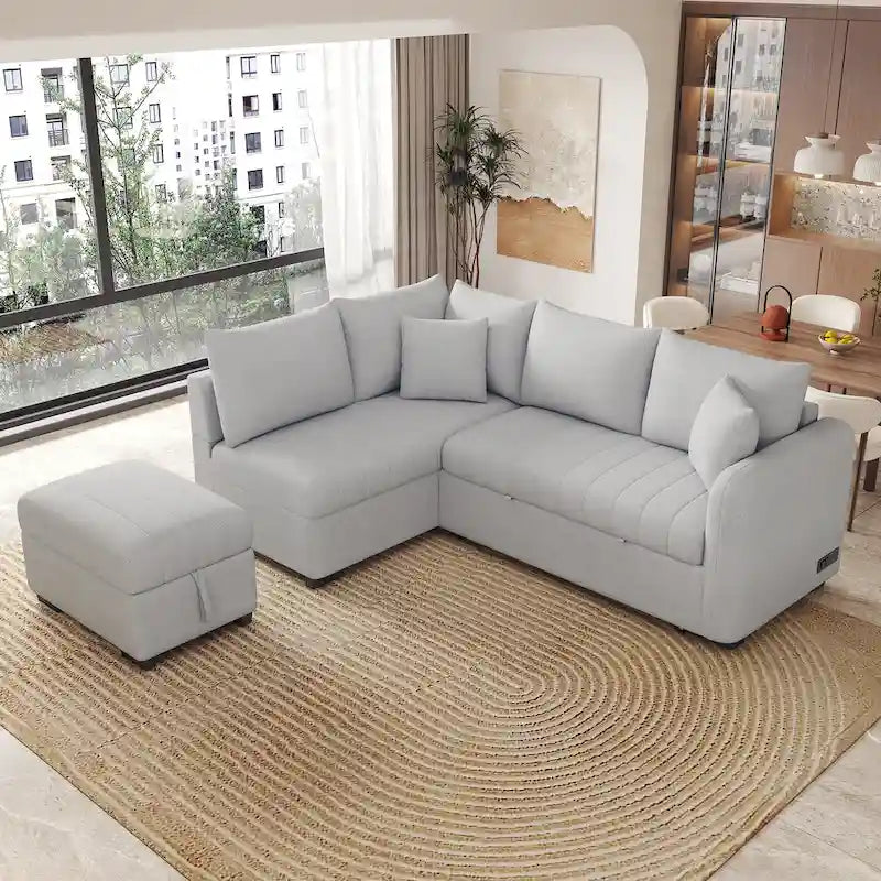 Roomfitters L-förmiges Ausziehsofa mit USB-Anschlüssen, Steckdosen und beweglichem Stauraum-Ottoman