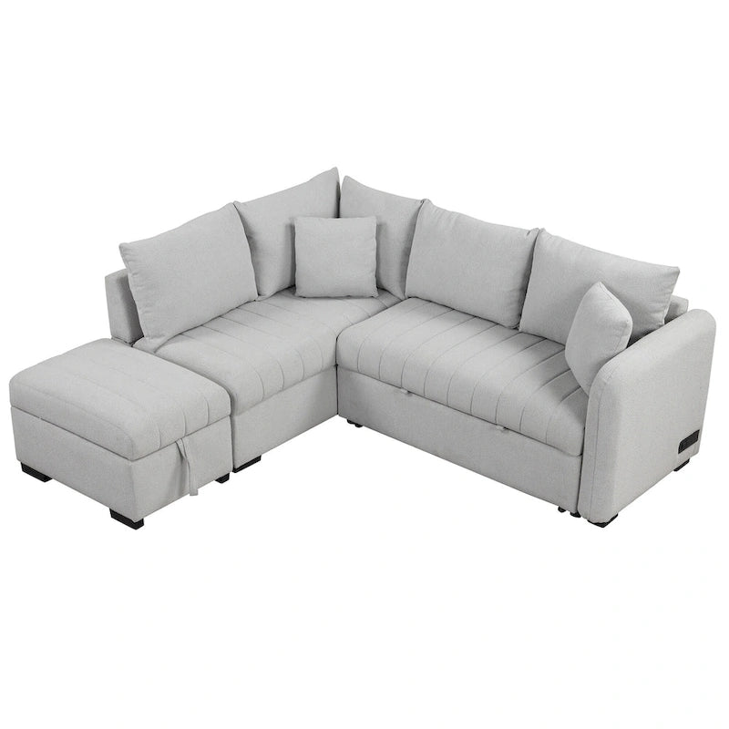 Roomfitters L-förmiges Ausziehsofa mit USB-Anschlüssen, Steckdosen und beweglichem Stauraum-Ottoman