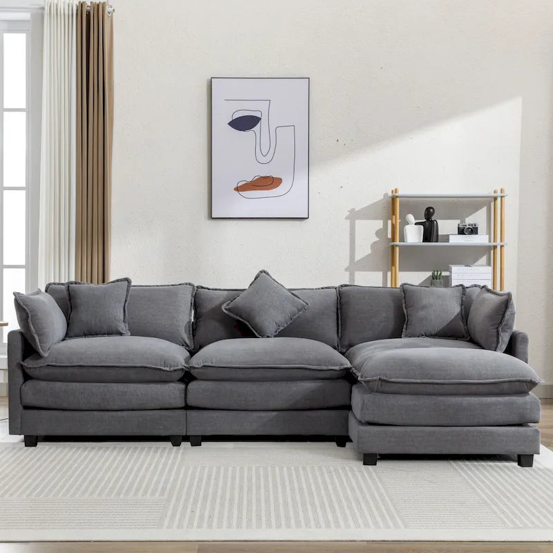 Roomfitters L-förmiges Sofa aus Chenille mit Ottomane und 5 Kissen, modernes Luxus-Sofa für das Wohnzimmer