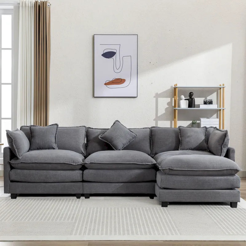 Roomfitters L-förmiges Sofa aus Chenille mit Ottomane und 5 Kissen, modernes Luxus-Sofa für das Wohnzimmer