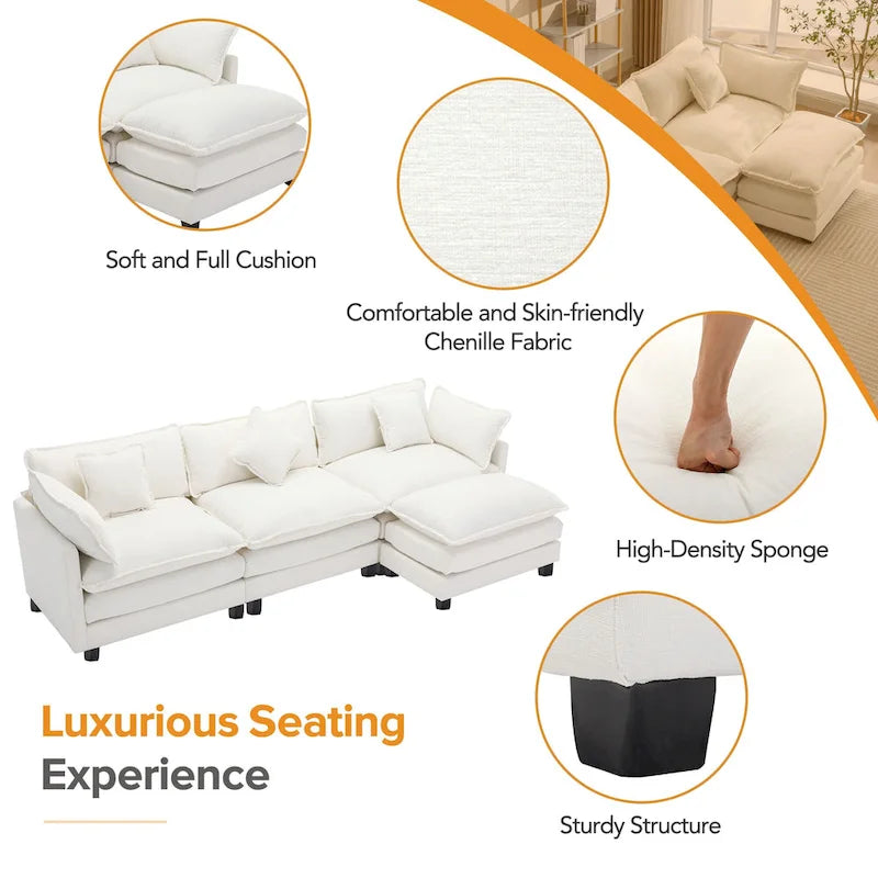 Roomfitters L-förmiges Sofa aus Chenille mit Ottomane und 5 Kissen, modernes Luxus-Sofa für das Wohnzimmer