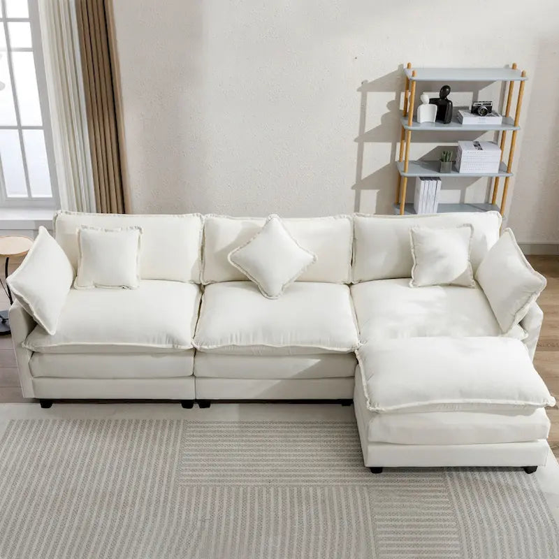 Roomfitters L-förmiges Sofa aus Chenille mit Ottomane und 5 Kissen, modernes Luxus-Sofa für das Wohnzimmer