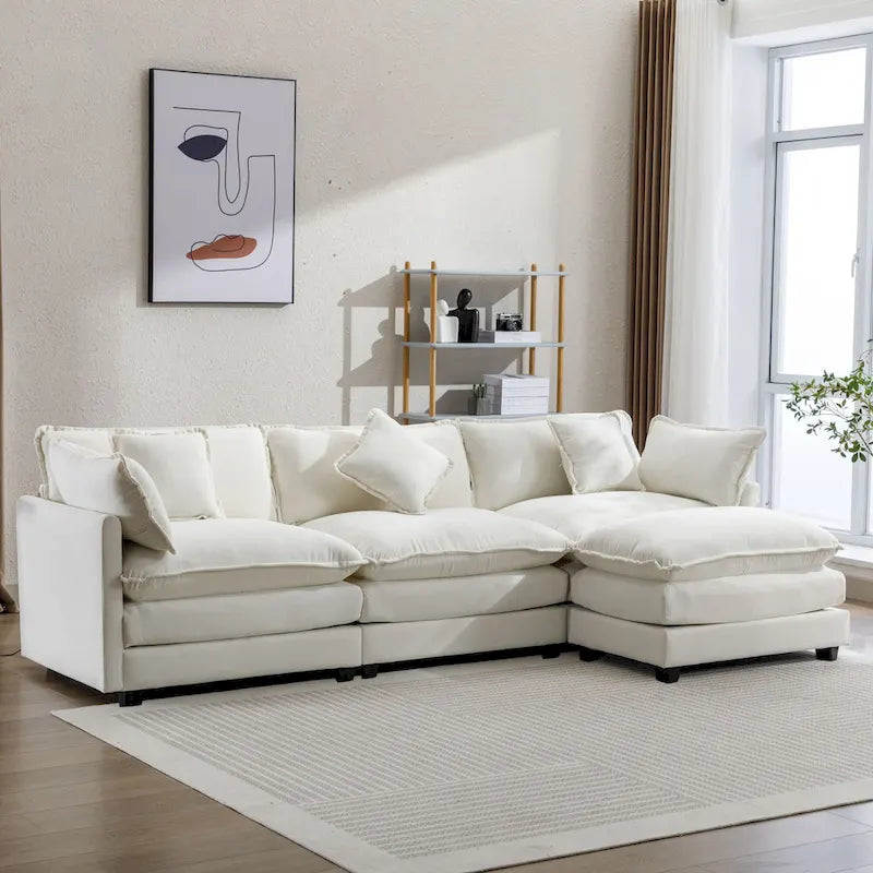 Roomfitters L-förmiges Sofa aus Chenille mit Ottomane und 5 Kissen, modernes Luxus-Sofa für das Wohnzimmer