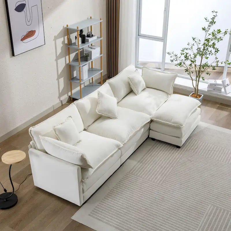 Roomfitters L-förmiges Sofa aus Chenille mit Ottomane und 5 Kissen, modernes Luxus-Sofa für das Wohnzimmer