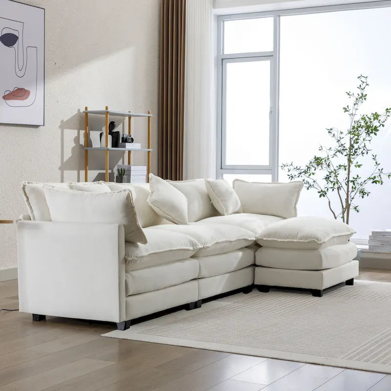 Roomfitters L-förmiges Sofa aus Chenille mit Ottomane und 5 Kissen, modernes Luxus-Sofa für das Wohnzimmer
