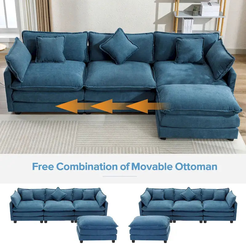Roomfitters L-förmiges Sofa aus Chenille mit Ottomane und 5 Kissen, modernes Luxus-Sofa für das Wohnzimmer